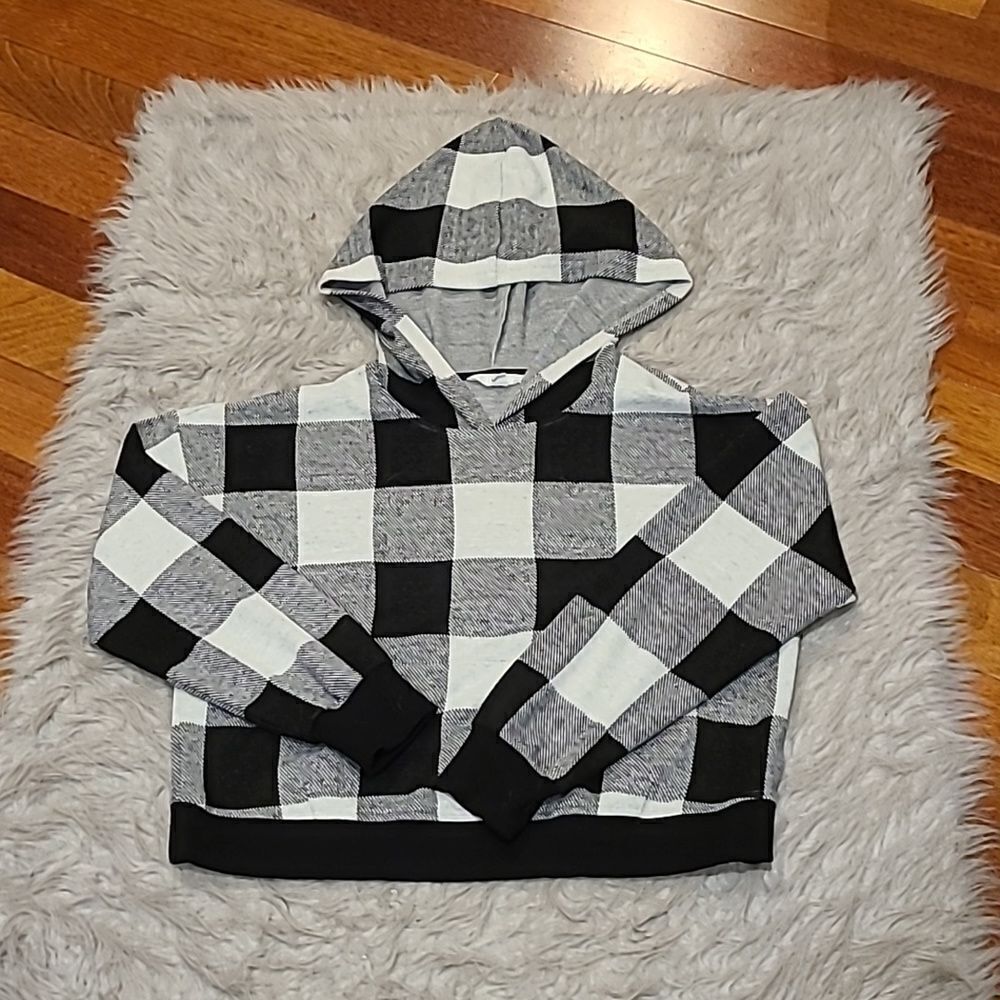 BB Dakota womens soft black and white plaid‎ hooded long sleeve shirt